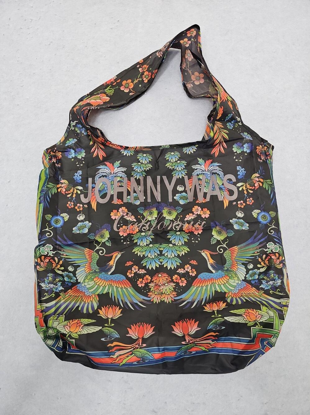 Johnny Was California Tropical Nylon Reusable Tote Bag Floral Pouch Pocket Bird